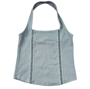 American Eagle Sage Green Ribbed Halter Crop Top NWT Size Small AE Open back Y2K